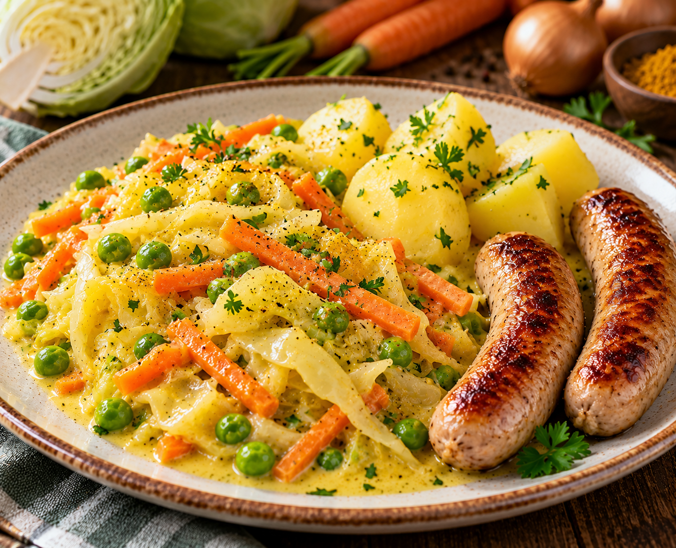 Spitzkohl-Möhrengemüse mit Kartoffeln u. Bratwurst